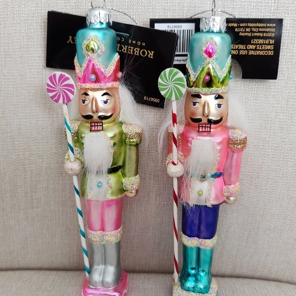 Candy Nutcracker Glass Ornaments - Set of 2 - Pink Blue Candyland Christmas - Picture 3 of 9